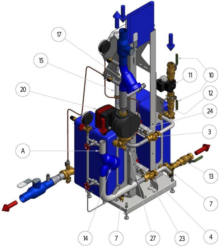 kallvatten 24 Ställdon, värme 7 Påfyllningsventil (2 st) 25 Temperaturgivare, tappvarmvatten 8 Slang(ej med i bild) 26 Temperaturgivare, värme tillopp 9 Säkerhetsventil, kallvatten 27