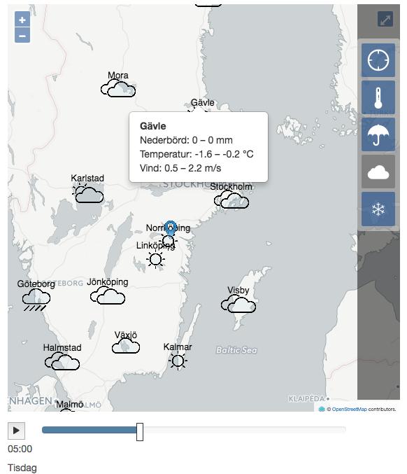 prognosen i den aktuella punkten än vad ikonen kan representera. Se 5.3. Under kartan finns även en slide-komponent, se 5.