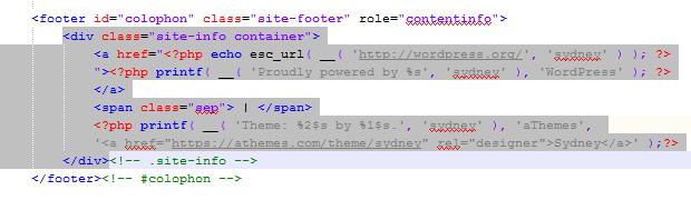 Figur 13: Den ursprungliga koden i footer.php Figur 14: Koden som ersätter den markerade koden i figur 11.
