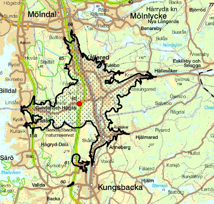 Kartan nedan visar hur långt en räddningsenhet från Lindome brandstation når inom 10 minuters insatstid in i Mölnlyckes stationsområde.