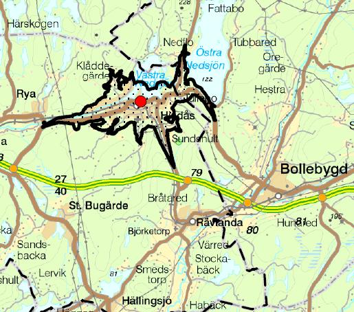 Kartan nedan visar hur långt en räddningsenhet från Hindås brandstation når inom 10 minuters insatstid in i Rävlandas stationsområde. 5.4 Frillesås Frillesås har en folkmängd på cirka 2 500 invånare.