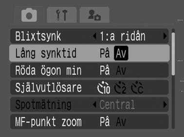 1 Välj [Röda ögon min.] på menyn (Lagring)] Se Välja menyer och inställningar (Grundläggande handbok s. 16) 2 Välj [På] med knappen eller och tryck på MENU.