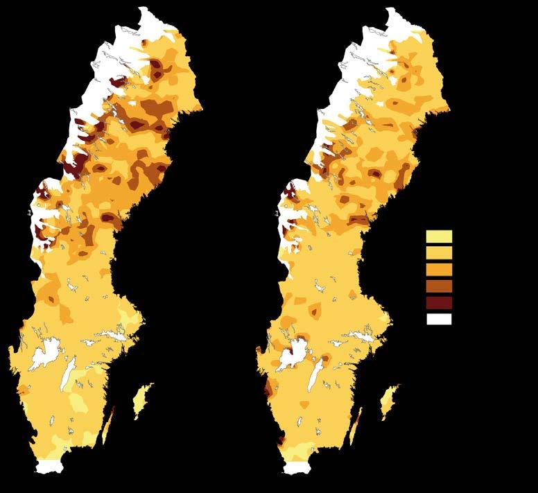 Figur 2. Täckning av blåbär i % på produktiv skogsmark i Sverige under perioden 1993-2002 samt 2003-2010, enligt Riksskogstaxeringens markinventering (Anon, 2012). Figure 2.