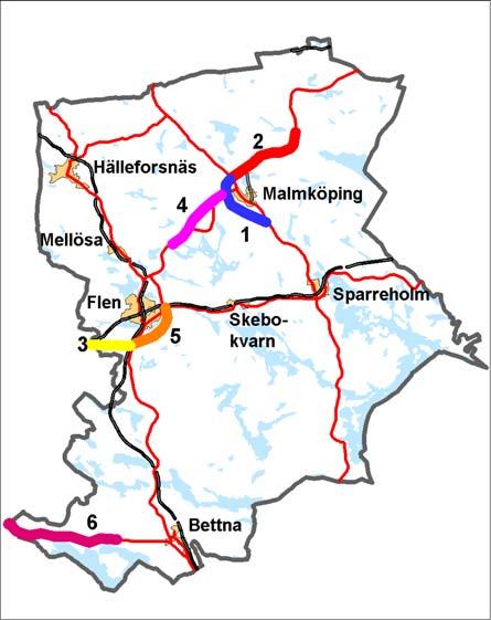 38 6.3 Beslutade förbättringar Vägar Tabellen här bredvid och kartan här nedan visar vilka vägsträckor inom Flens kommun som ska byggas om enligt den fastställda Länstransportplanen för åren