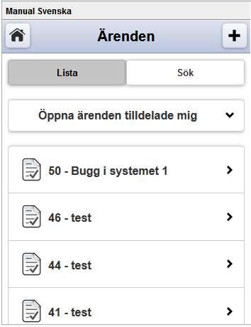 hörnet. I sökfliken är det möjligt att söka fram ärenden via fritext.