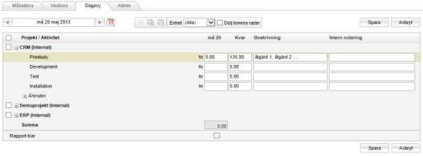 Dagsvy Dagsvyn används när du ofta vill lägga till kommentarer till rapporterad tid, till exempel för att ge en kund/beställare, mer information om den tid som lagts på projektet.