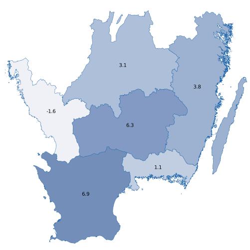 Kartan visar utveckling i procent per kommun/län samma period föregående år. Mörkare färg innebär större utveckling Utveckling per marknad.