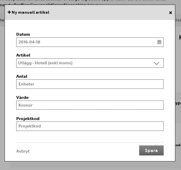 3. Du behöver fylla i Datum (), Artikeltyp (), Antal eller timmar (3) och ibland Värde (4).