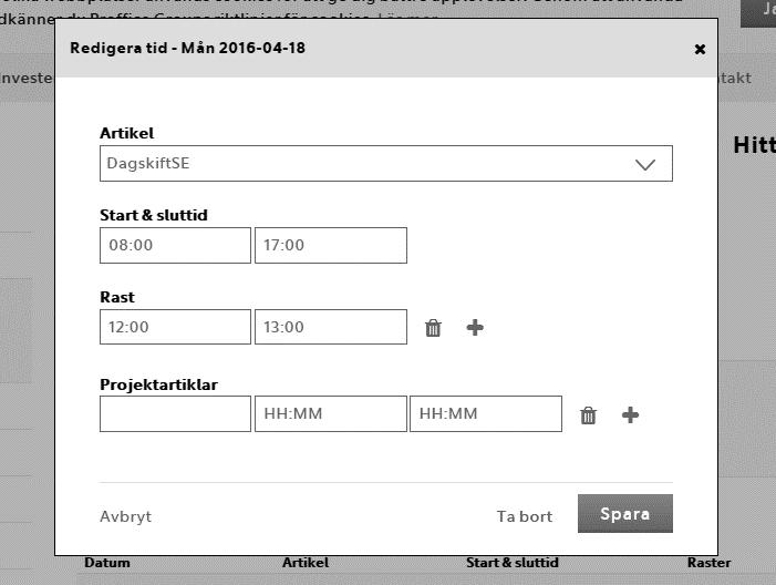 4. Då öppnas ett redigeringsfönster (se nedan). 3 4 I redigeringsfönstret kan du lägga till alternativt ändra förifylld information om din tidsrad. a. Artikel = Välj vilken typ av artikel som din tidsrad ska ha (punkt ).