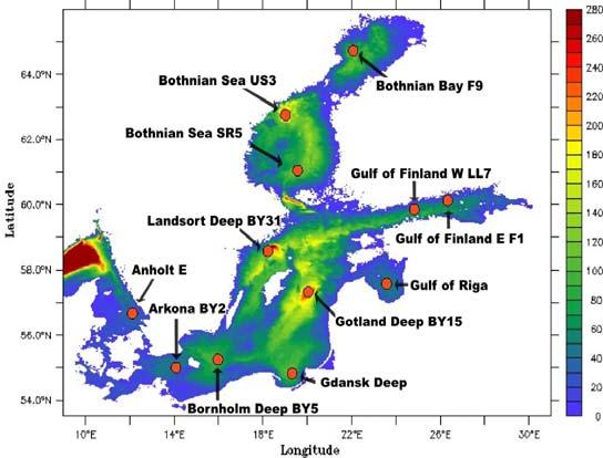 for the comparison of sediment pools, the bottom areas were adjusted according to the bottom area of the BALTSEM model. Fig.5. Positions of Baltic Sea stations.