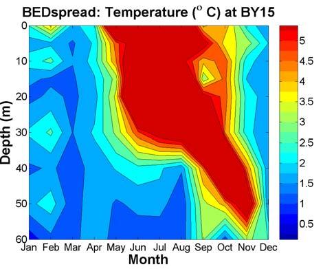 All models and hence the ensemble mean results seems to have a too shallow depth of nutrient depletion in late spring and summer compared to the BED data.