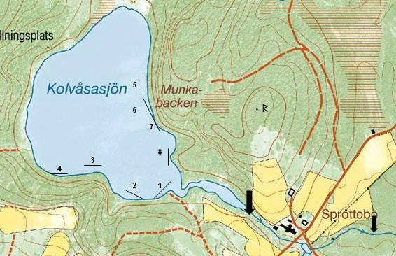 ph Alk (mekv/l) KRÄFTPROVFISKE I JÖNKÖPINGS LÄN 2011-2012 Figur 24. Karta över mjärdarnas placering på lokalerna Kolvåsasjön och Flankabäcken övre. Nummer anger langnummer (5 mjärdar per lang).