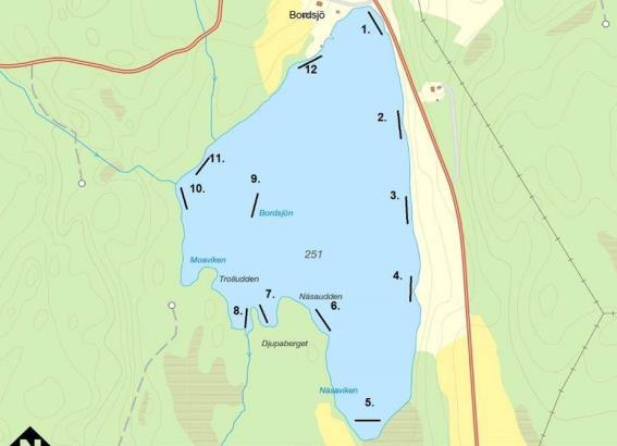 ph Alk (mekv/l) KRÄFTPROVFISKE I JÖNKÖPINGS LÄN 2011-2012 Figur 50. Karta över mjärdarnas placering i Bordsjön. Siffran avser langnummer (5 mjärdar/lang).