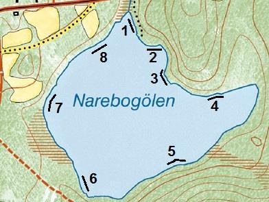 ph Alk (mekv/l) KRÄFTPROVFISKE I JÖNKÖPINGS LÄN 2011-2012 Figur 53. över Narebogölen. Nummer anger langnummer (5 mjärdar per lang). Sjöalyckesjön Xkoord Ykoord Kommun sjöyta (ha) Medeldjup (m) Oms.