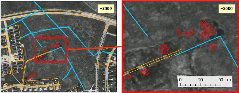 2005-06-14-8 (8) - Figur 3. Flygbilder över Prästgärdet med översikt och förstoring från 2000 I figuren har för tydlighetens skull nu rivna byggnader, tidigare vägar och täckta diken lagts in.