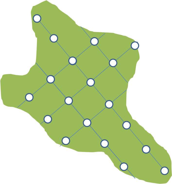 Figur 7. Undersökningarna utförs i ett rutnät av borrpunkter (vita punkter) över torvmarken (i grönt) där torvens egenskaper bestäms i fält. Tabell 1.