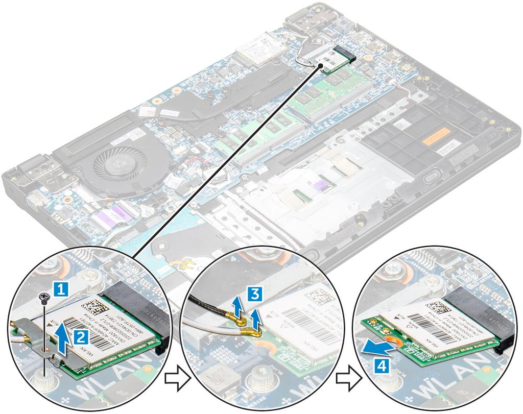 b Lyft upp och ta bort metallfästet från WLAN-kortet [2]. c Koppla loss de två WLAN-kablarna som ansluter WLAN-kortet till antennen [3]. d Dra ut WLAN-kortet ur kontakten på moderkortet [4].