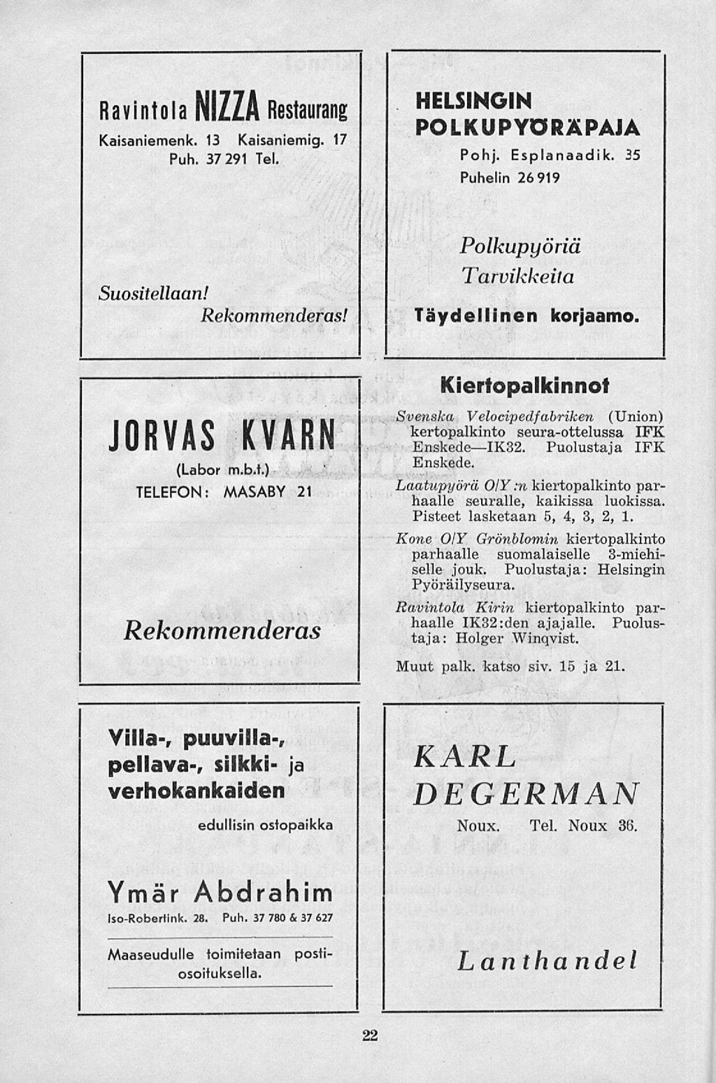 Ravintola NIZZA Restaurang HELSINGIN POLKUPYDRÄPAJA Kaisaniemenk. 13 Kaisaniemig. 17 Puh. 37 291 Tel. Pohj. Esplanaadik. 35 Puhelin 26 919 Suositellaan! Rekommenderas!