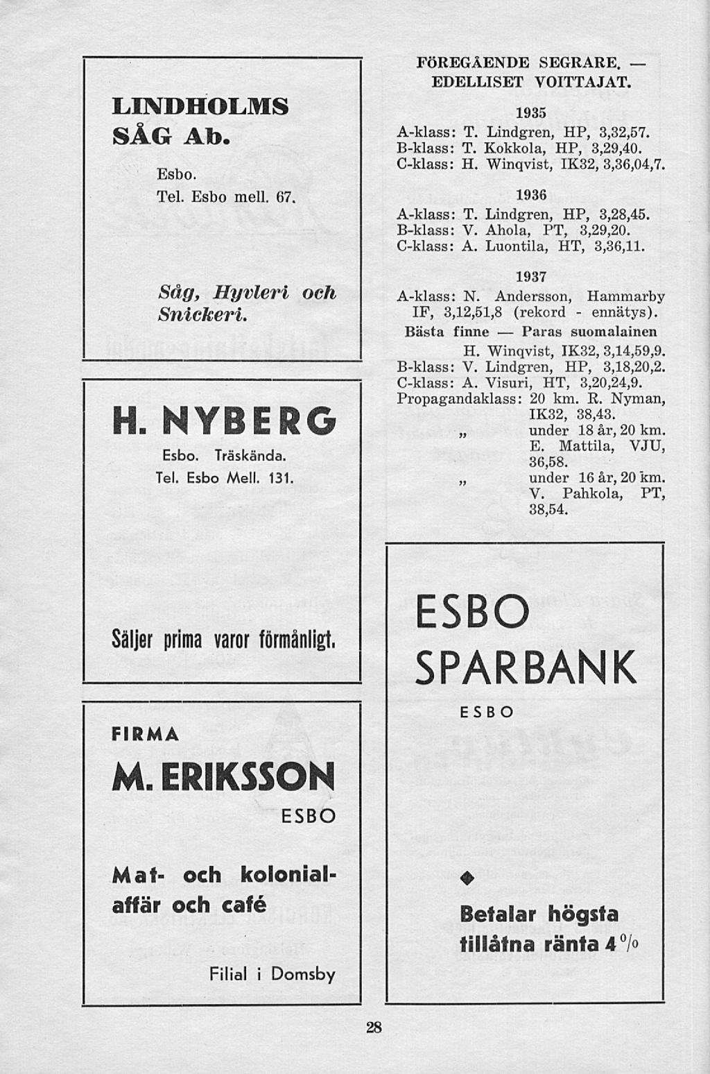 LINDHOLMS SÅG Ab. FÖREGÅENDE SEGRARE. EDELLISET VOITTAJAT. Esbo. Tel. Esbo mell. 67. 1936 Aklass: T. Lindgren, HP, 3,28,45. Bklass: V. Ahola, PT, 3,29,20. Cklass: A. Luontila, HT, 3,36,11.