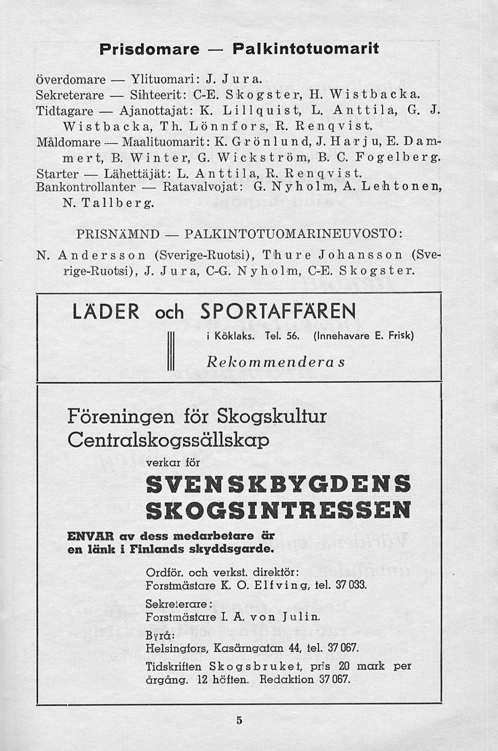 Lähettäjät: Ajanottajat: Ylituomari: Sihteerit: Maalituomarit Ratavalvojat PALKINTOTUOMARINEUVOSTO Prisdomare Palkintotuomarit Överdomare J. Jura. Sekreterare CE. Skogster, H. Wistbacka. Tidtagare K.