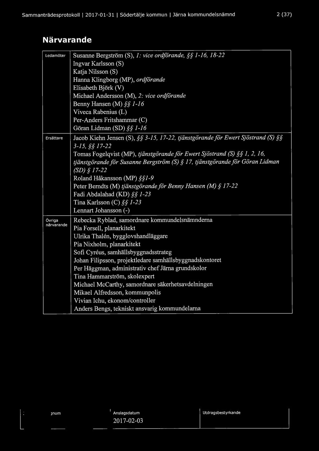 Sammanträdesprotokoll l 2017-01-31 l Södertälje kommun l Järna kommundelsnämnd 2 (37) Närvarande Ledamöter Susanne Bergström (S), 1: vice ordförande, 1-16, 18-22 Ingvar Karlsson (S) Katja Nilsson (S)