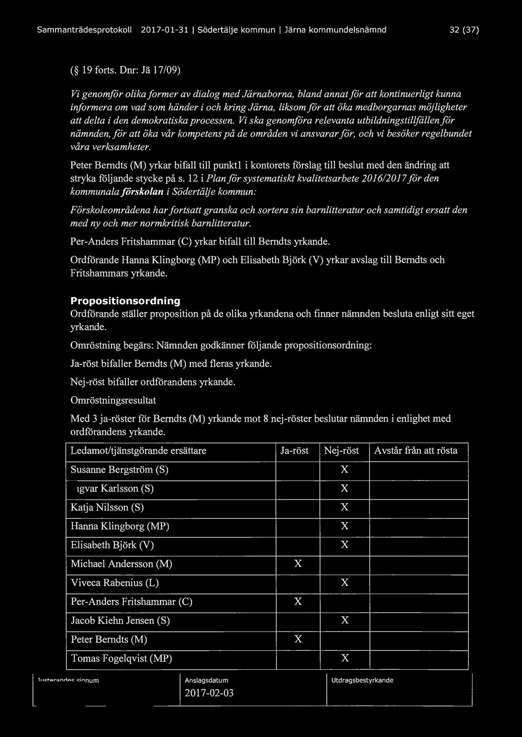 Sammanträdesprotokoll l 2017-01-31 l Södertälje kommun l Järna kommundelsnämnd 32 (37) ( 19 forts.