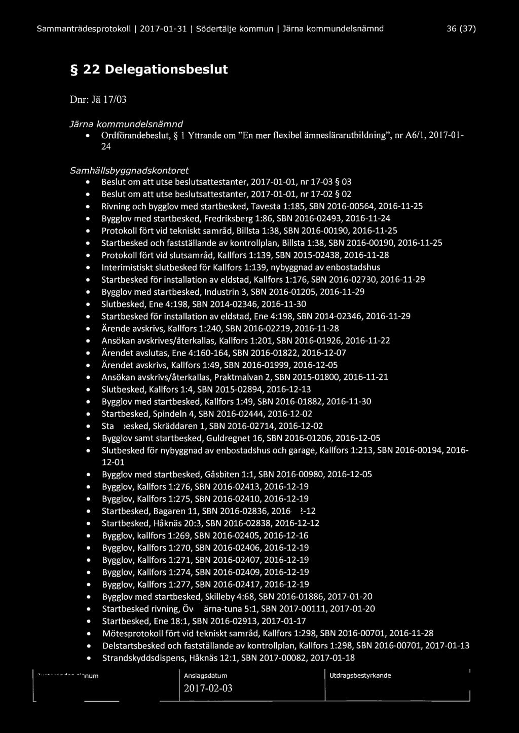 Sammanträdesprotokoll l 2017-01-31 l Södertälje kommun l Järna kommundelsnämnd 36 (37) 22 Delegationsbeslut Dnr: Jä 17/03 Järna kommundelsnämnd Ordfårandebeslut, l Yttrande om "En mer flexibel