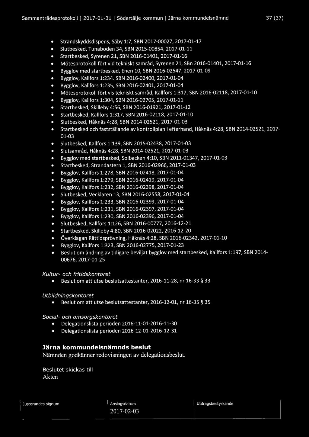 Sammanträdesprotokoll l 2017-01-31 l södertälje kommun l Järna kommundelsnämnd 37 (37) Strandskyddsdispens, Säby 1:7, SBN 2017-00027, 2017-01-17 Slutbesked, Tunabcden 34, SBN 2015-00854, 2017-01-11