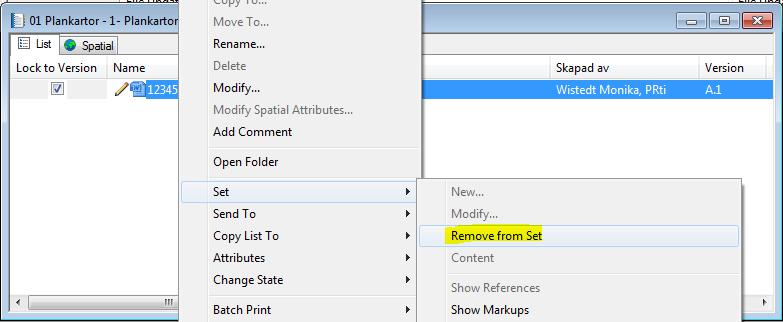 Sida 54 av 75 För att ta bort ett dokumentset, högerklicka på setet och välj Radera, det går inte att ta bort en utchecka fil från ett dokumentset, dokumentet måste vara incheckat för att det ska