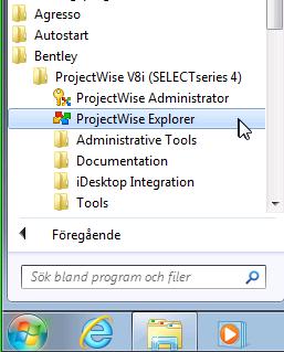 Sida 8 av 75 4 Starta och logga in i PDB För att starta PDB, välj Start -> Alla program > ProjectWise Explorer