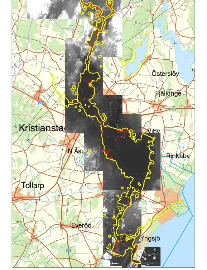 Fjärranalys av skador på al utmed vatttendrag och sjöar Figur 7. Studieområdet Helge å gulmarkerat. Objektshöjder i svart/vitt bild.