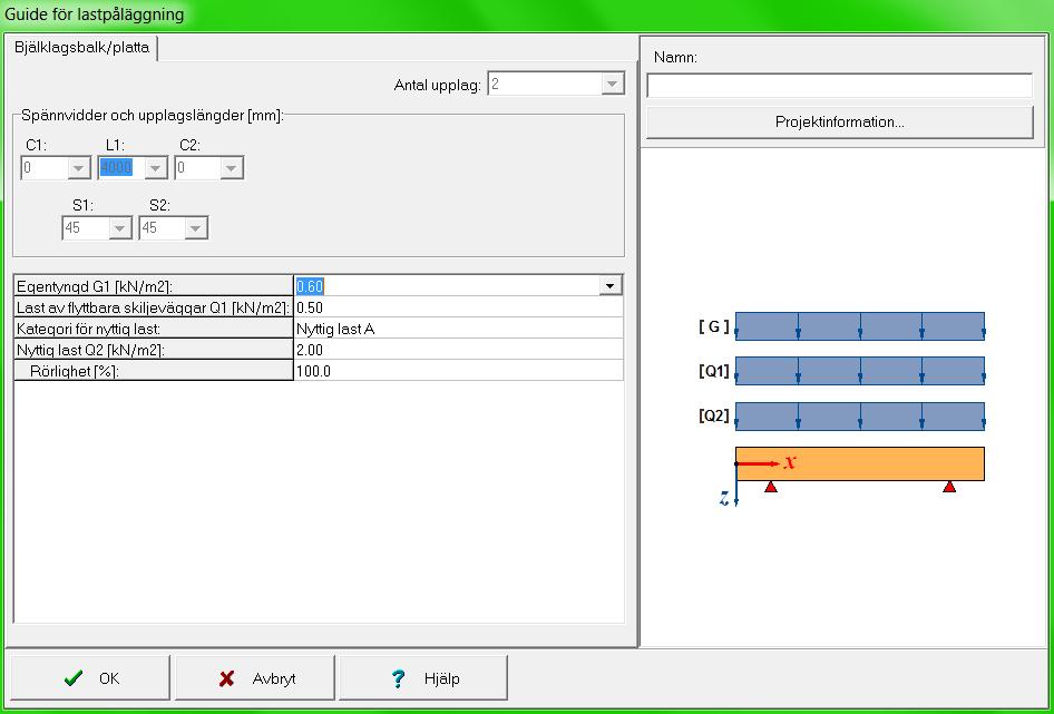 5.1 Definition av laster på bjälklagsbalken/plattan Ytlasterna [kn/m 2 ] på bjälklagsbalkarna definieras i fönstret Guide för lastpåläggning som öppnas under menyn Laster med knappen Guide för