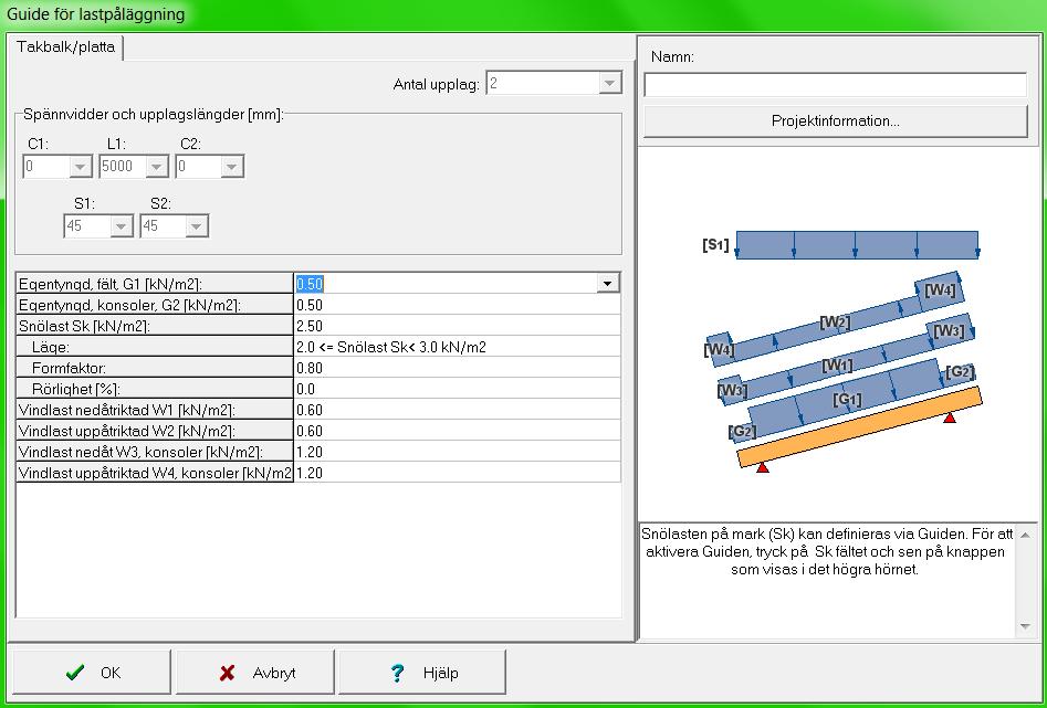 5.2 Definition av laster på takbalken/plattan Ytlasterna [kn/m 2 ] på takbalkarna/plattorna definieras i fönstret Guide för lastpåläggning som öppnas under menyn Laster med knappen Guide för