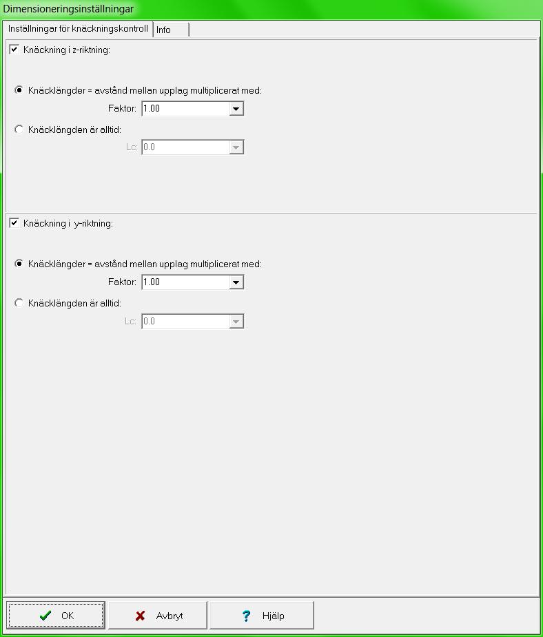 6.4 Inställningar för knäckning Inställningarna för knäckning i brottgränstillståndet definieras i fönstret Dimensioneringsinställningar som öppnas på indatamenyn DIMENSIONERING med knappen