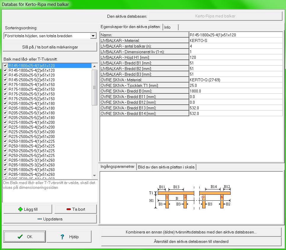 9.2 Databaser till Kerto-Ripa Ändringar i databaserna för Kerto Ripa med balkar, med lådtvärsnitt och med T-tvärsnitt görs på samma sätt som vid ändring av rektangulära tvärsnitt (se kapitel 9.1).