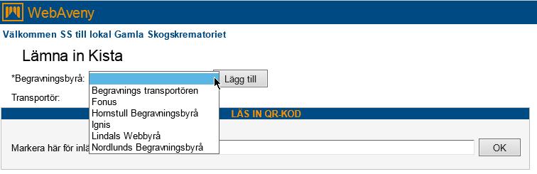 Är den avlidne inlämnad kan man endast komplettera eller ändra från Aveny Bisättningsjournal. Du kan även skriva ut fler etiketter härifrån. Inlämning för begravningsbyrå utan egen inloggning.