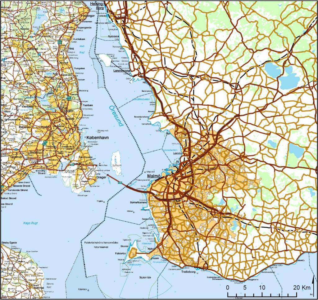Malmö en av de tätare städerna i Sverige: Alla på kartan markerade tätorter med mer än 836 invånare I Skåne samlade i ett geografiskt sammanh. område.