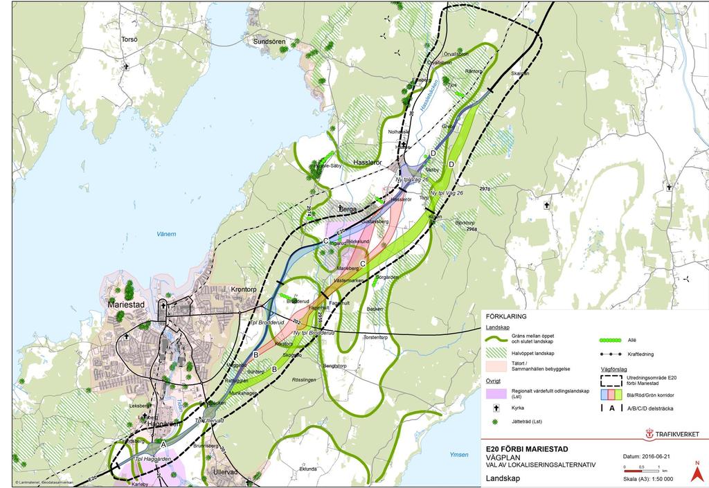 Effekter och konsekvenser Landskap Blå korridor Små intrång i omgivande landskap Nysträckning förbi Ingarud-Berga - stor påverkan på värdefullt landskap Röd och Grön korridor Nysträckning större