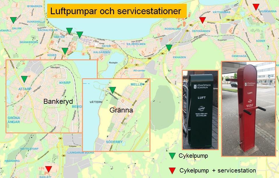 Cykelpumpar Under 2015 byttes de gamla luftpumpstationerna ut och ersattes med nya vandalsäkra. Under 2016 har det utökats med ytterligare 5 luftpumpstationer.