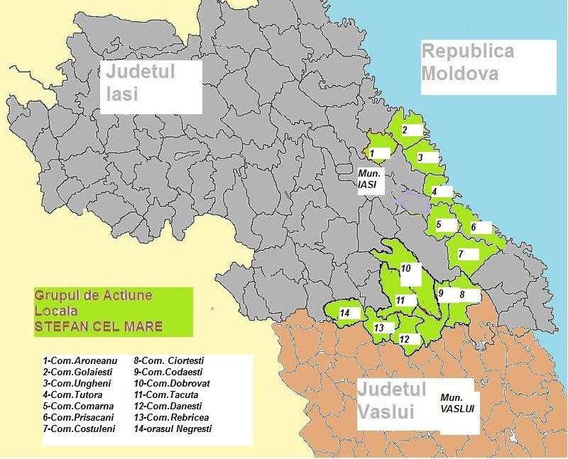 Principalele localităţi de pe teritoriul GAL Ştefan cel Mare sunt constituite de satele centre de comună, respectiv cele 13 sate principale din teritoriu, şi oraşul Negreşti, judeţul Vaslui,