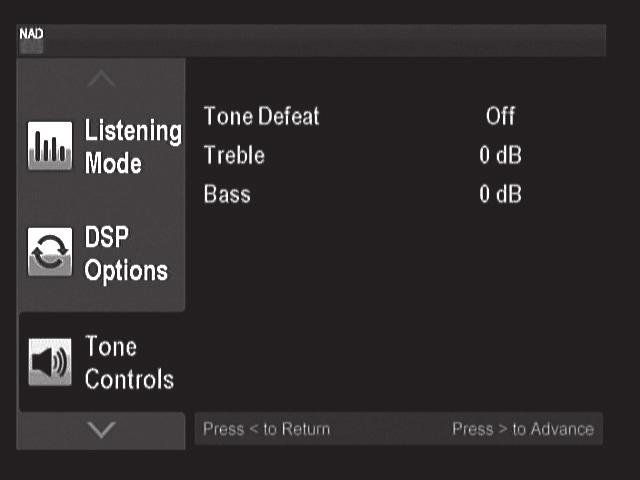 HUR DU ANVÄNDER T 747 HUVUDMENY TONE CONTROLS (TONKONTROLLER) Tone Defeat ger en möjlighet att justera eller helt koppla bort tonkontrolldelen på T 747. Om Off är valt är tonkontrollerna aktiva.