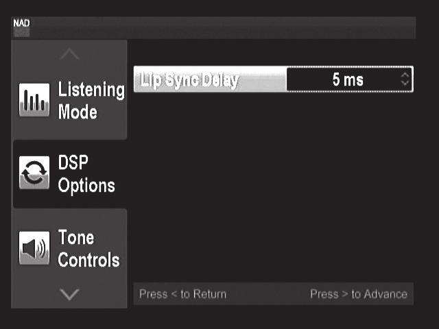 Listening Mode (Lyssningsläge): Stereo DSP Options (DSP Alternative): 5ms ESPAÑOL 2 Med inställningarna ovan, går du till A/V Presets från SETUP MENU sidan.