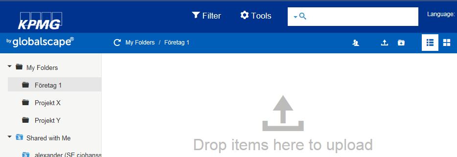 Ladda upp eller ner filer KPMG användare Öppna mappen. Ladda upp filer genom att klicka på Upload.