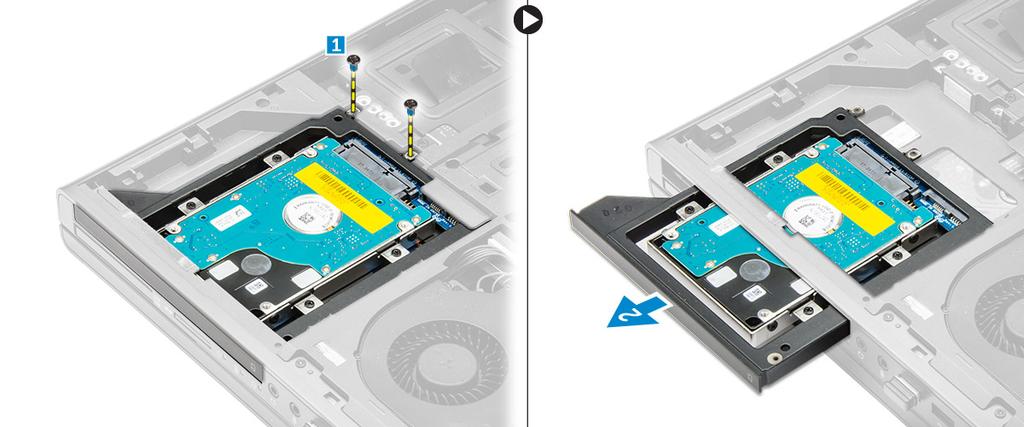 Ta bort hårddisken från facket för den optiska enheten 1. Följ anvisningarna i Innan du arbetar inuti datorn. 2. Ta bort: a. batteriet b. kåpan 3.