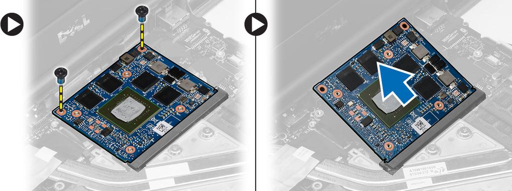Installera bildskärmskortet 1. För in bildskärmskortet på dess ursprungliga plats på datorn. 2. Tryck bildskärmskortet nedåt och dra åt skruven som håller fast bildskärmskortet i datorn. 3.