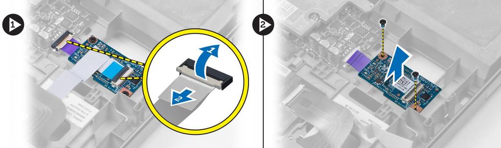 Ta bort USH-kortet (Unified Security Hub) 1. Följ anvisningarna i Innan du arbetar inuti datorn. 2. Ta bort: a. batteriet b. kåpan c. tangentbordsram d. tangentbordet e. den optiska enheten f.