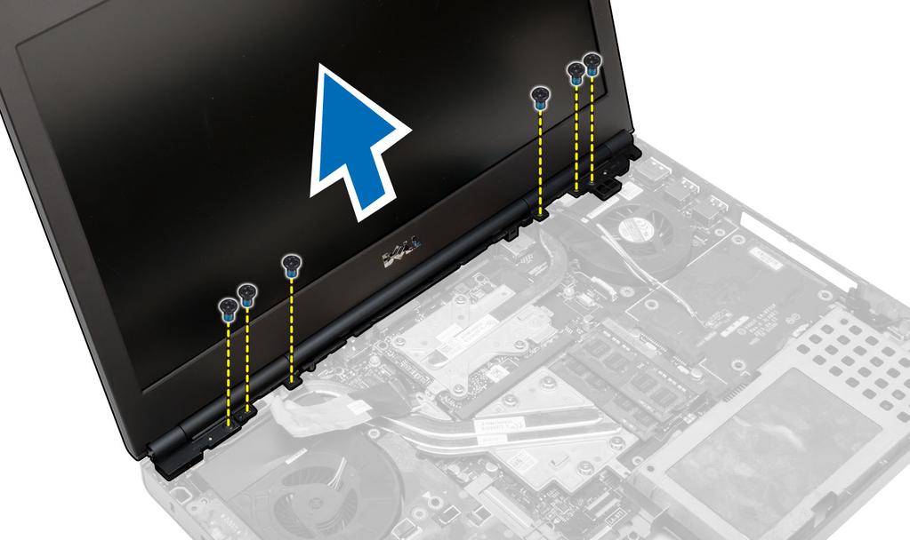 Installera bildskärmsmonteringen 1. Dra åt skruvarna som håller bildskärmsmonteringen på plats. 2. Anslut kamera- och LVDS-kablarna till rätt kontakter på moderkortet. 3.