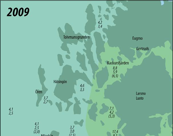 14 Figur 12. Maximi- och medelvärdeshalterna för a-klorofyll (µg/l), samt eutrofieringszonerna uppskattade på basen av medelvärdena (n = 3) under sommaren 2009.