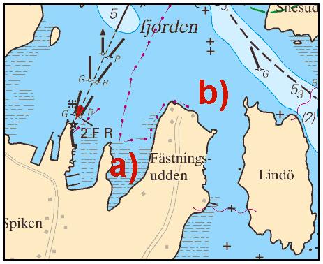 Inför rörledning mellan a) - b) enligt sjökortsbild a) 58-41,49N 13-12,27E landfäste Spiken b) 58-41,57N 13-12,60E landfäste Fästningsudden Bsp Göta kanal 2011/s39, Bsp Vänern 2014/s43 Spiken