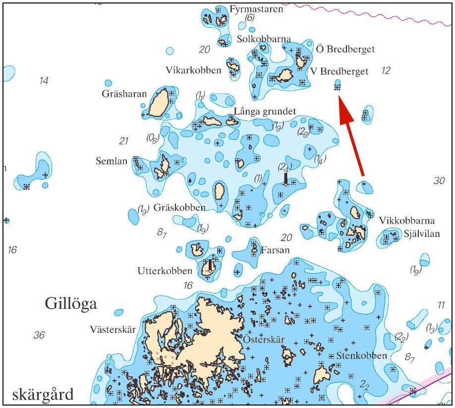 Stockholms skärgård. NO om Gillöga. Bränning tillkommer. Arbete pågår med att förbättra sjökortets redovisning av strandlinjen. I samband med detta arbete har följande bränning införts i sjökortet.